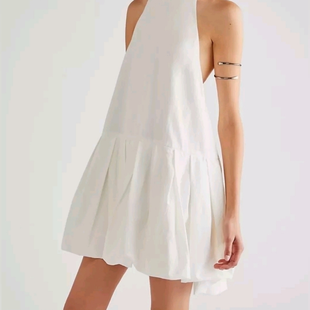 Free People Elia White Halter Mini Dress Womens Medium Bubble Hem Cotton NWT